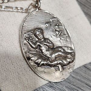 Vintage RARE Oval Cherub SS 18" Chain & Statement Pendant